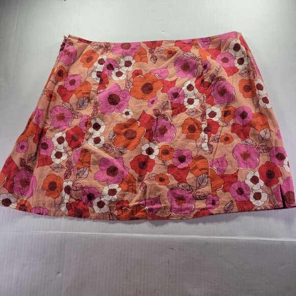 Urban Outfitters Floral Linen Blend Mini Skirt Lined  Size L Red Pink Orange - Picture 6 of 10